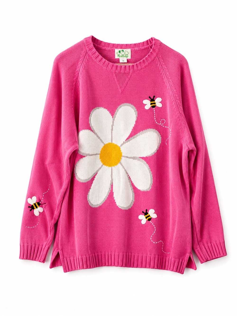The Quacker Factory Pink Daisy & Bee Knit Sweater Cottagecore Floral Pullover